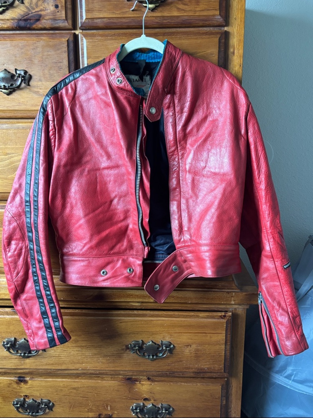 Red Leather Motorcycle Jacket with Black Racing Stripes